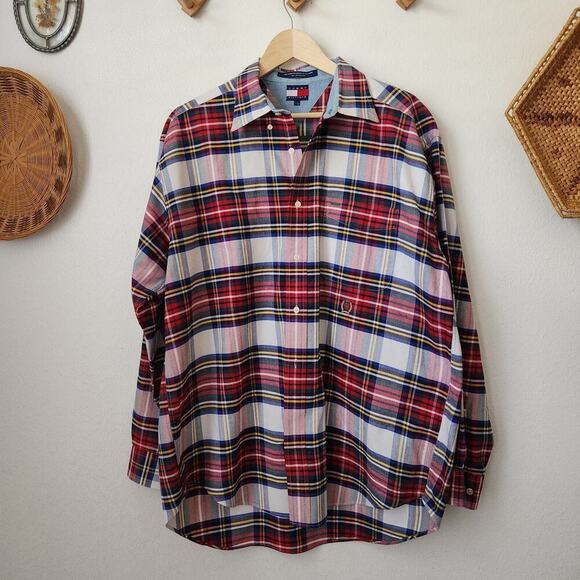 y2k Tommy Hilfiger cotton‎ red plaid mens button up long sleeve shirt L - Picture 1 of 7